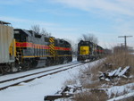 The Rock Island crew pulls the east train in to clear at the west end of N. Star siding, while the Newton crew holds the main with the westbound.  Feb. 7, 2007.