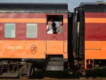 Andy Brown enjoys the view from the vestibule as the train pulls into Rock Island, IL.