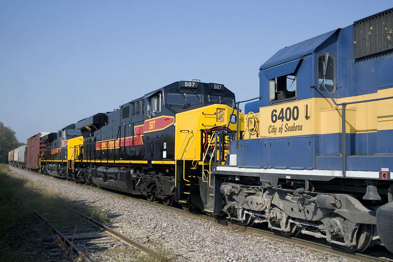 IAIS 507 and IAIS 509 trail the consist on IC&E's MKCSP train at Linwood, IA.  26-Sept-2008.