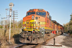 A set of BNSF power follows IAIS 500 into the yard to pick up a unit train.