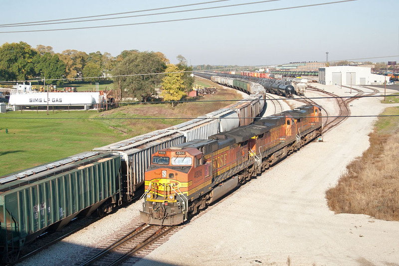 The BNSF power backs into the yard at Silvis, IL.