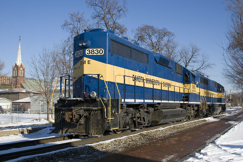 IC&E's West Davenport Switcher heads back to home rails via the Government Bridge and the IAIS.  Seen here along 5th Street in Davenport, IA.  18-Dec-2007