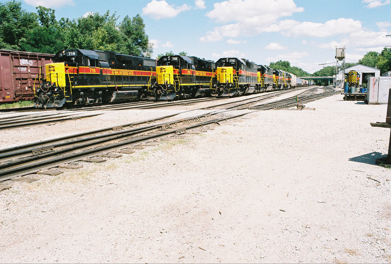 Iowa City lineup including the CR turn, west train, and east train power.  July 18, 2005.