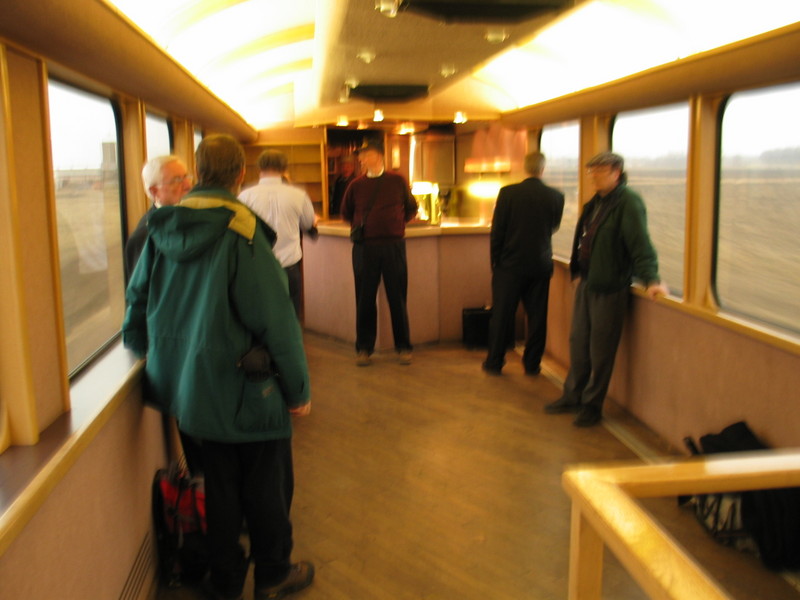 Interior of the first bi-level.  From what I heard, I think this was Transcisco Tours's "Dance car."  On the far right is a small band stand.