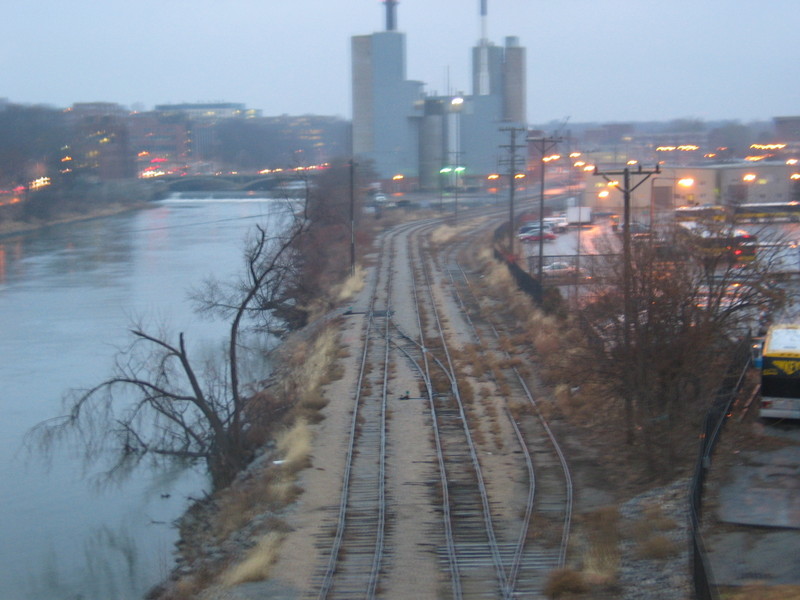 Looking north from the Iowa River bridge at Crandic's IC yard and the University power plant.
