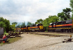 After the swap, inbound power has pulled ahead to clear, while the outbound power pulls the train into the yard.  May 25, 2005.