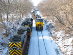 East and west trains meet at the Summit St. crossover in Iowa City, Jan. 31, 2010.