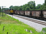 Pulling past ballast cars at the west end of N. Star siding.