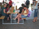 Mrs. B. and Renee enjoy sack lunches in the breezeway at the Atlantic depot.