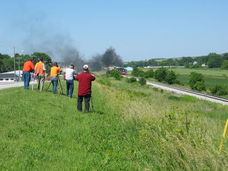 Fans shooting the train departing Anita.  Left to right:  Erik Rasmussen, Henry Posner III, Tom McNair, Bill Deen, and Keith Schmidt.  Bill, Keith and I carpooled together.