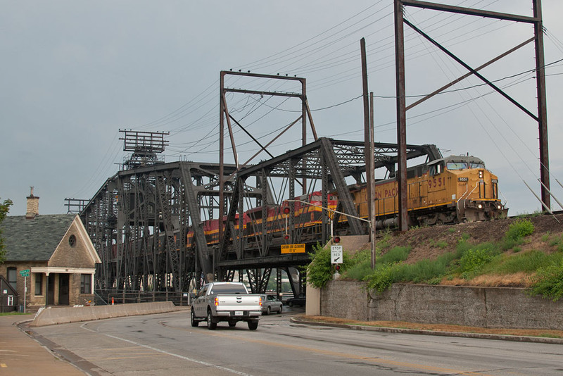 UP 9551 leads a pair of Belles on KCS detour CBRI-KCS27 at the Government Bridge in Rock Island, IL on July 28, 2011.