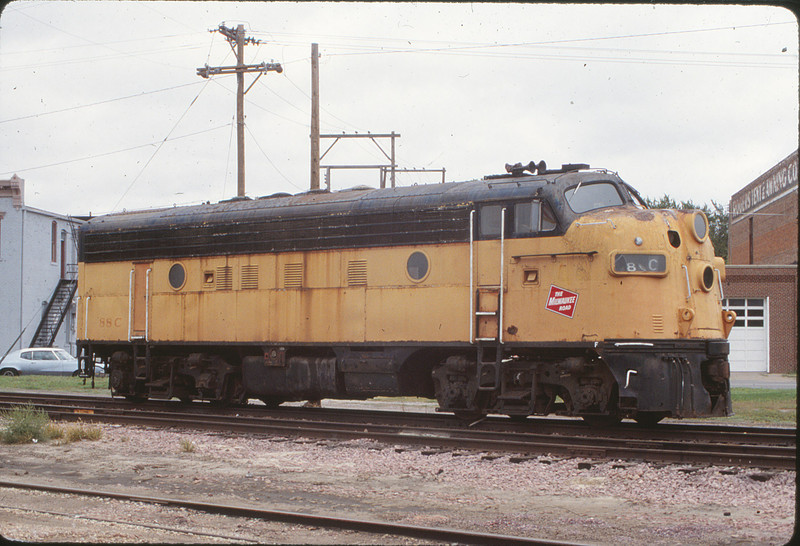 MILW F7A 88C at Fremont, NE on the CNW, 9/28/1988.  Unit had just been interchanged from the FEVR, on its way to planned dinner train service on the IAIS.  Darren Ferreter photo.