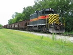 Ballast train is pulling out the west end of N. Star siding, then will shove east on the main to let the westbound out.