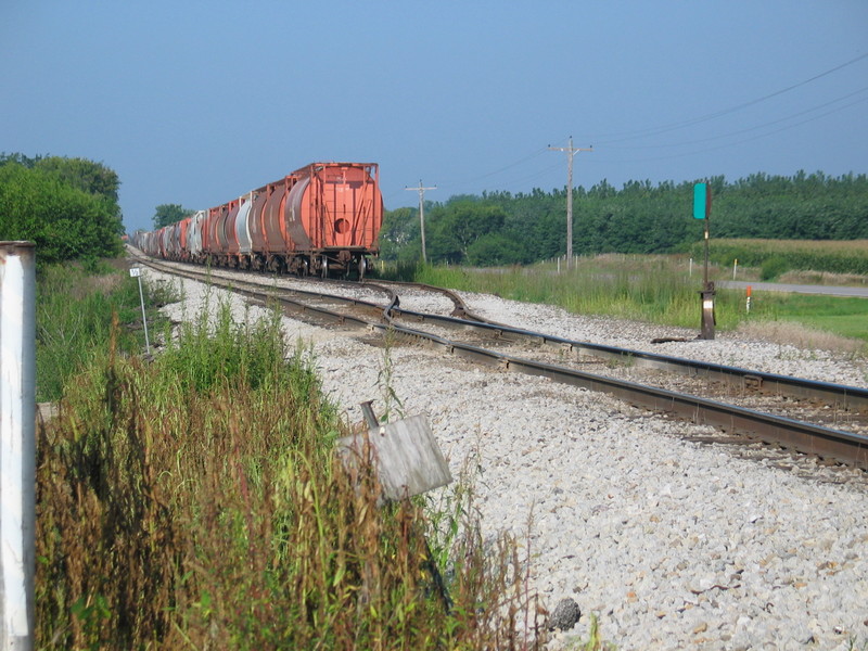 Potash cars stored on the east end of Twin States siding, Aug. 22, 2006.