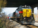Passenger extra is parked under the Highway 5 overpass at Silvis to load passengers, Nov. 10, 2008.