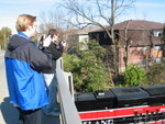 David (sorry David I forget your last name) and Trainboy Alex on the Dodge St. overpass.  Alex decided that chasing trains was more important than school today.  Can't say that I disagree with him...