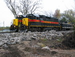 Westbound is stopped at the Wendling spur to swap an engine with the work train.