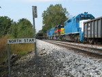 Looking west, the turn meets the rear end of the rail train at N. Star, Oct. 5, 2007.