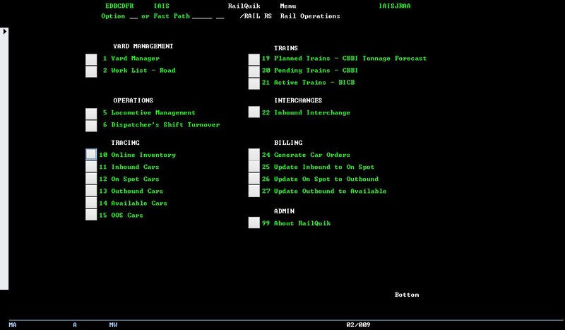 The main menu of the RailQuik system. I tried to get as close to the look of an IBM terminal emulator as I could within the confines of Access. This system was built on top of my initial Car Management System screens and reports (outlined in "Earlier efforts" subfolder below) but adds automated car-forwarding logic, allowing operating session paperwork to be generated in a matter of seconds. Please see my MRH blog entry at http://model-railroad-hobbyist.com/node/17032