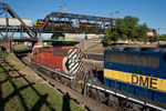 CP's 468 train ducks under the combined PEDM/BICB on the Government Bridge; Davenport, IA.  August 6, 2012