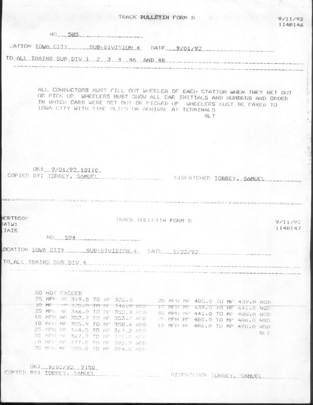 Track Bulletin (fax) 11-sep-1992