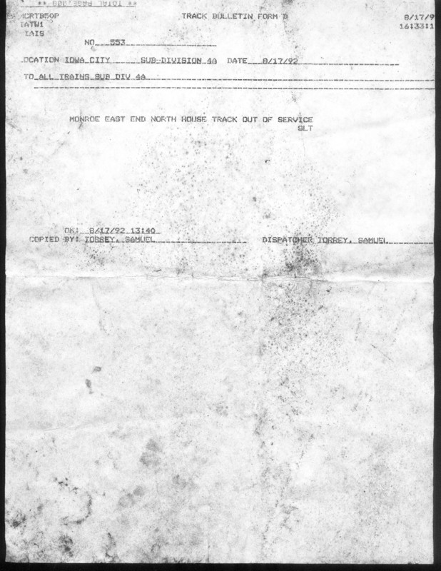 Track Bulletin (fax) 17-aug-1992