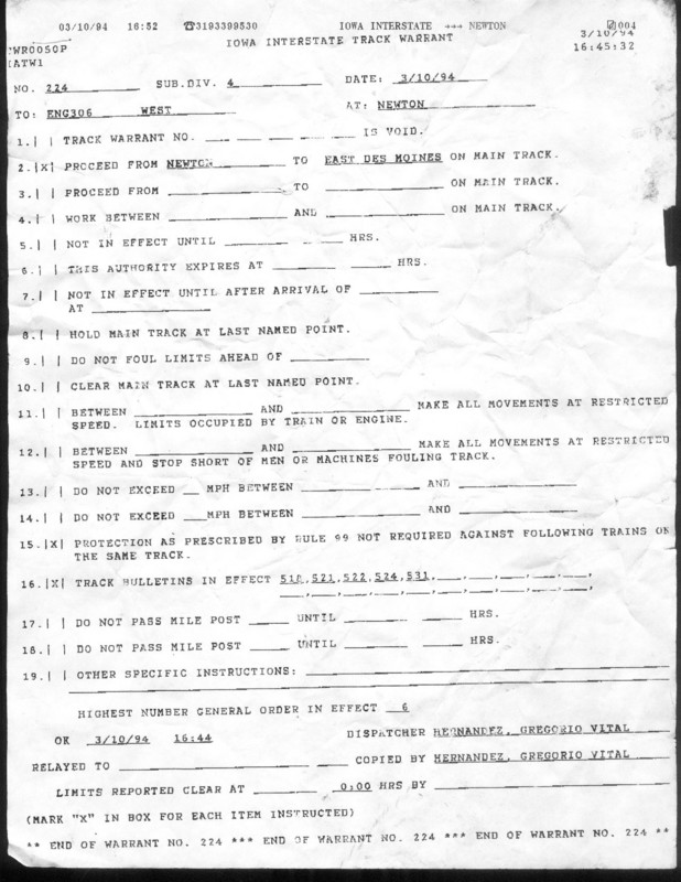 Track Warrant (fax) 10-mar-1994