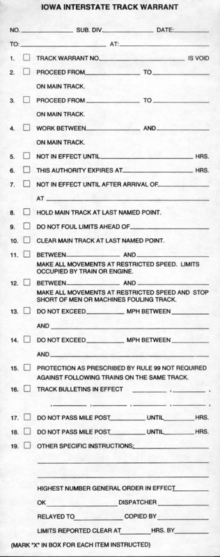 Blank IAIS Track Warrant from the early to mid-1990s.