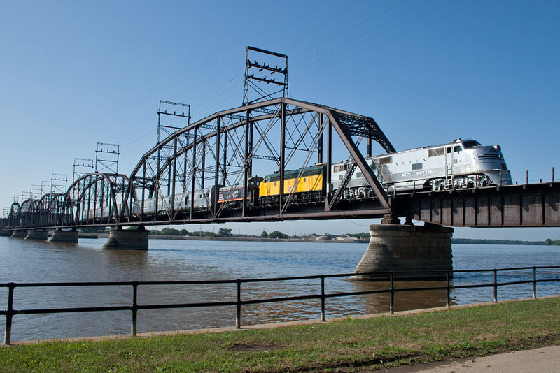 The Nebraska Zephyr crosses the Crescent Bridge into Davenport, IA.
