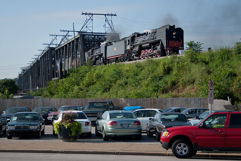 QJ doubleheader with 7081 in the lead exits the Government Bridge in Davenport, IA.