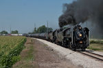 The QJ's swing around the curve east of Walcott, IA.