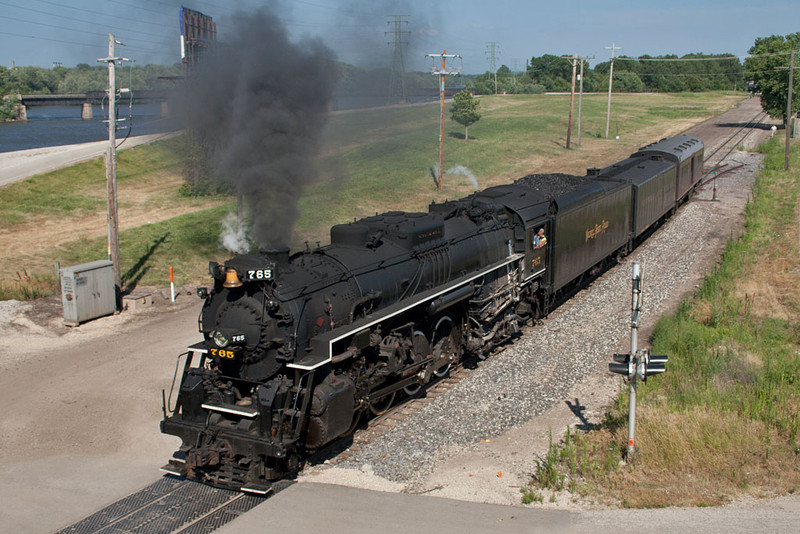 After cutting off her cars at Rock Island yard, NKP 765 creeps towards downtown Rock Island.