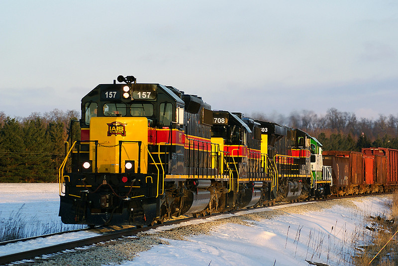 All the family present! SD38-2 157 leads the BICB with a GP38-2 708 and GEVO 503 with SIRE switcher in transist near Kent Park and Eagle Avenue Crossing.