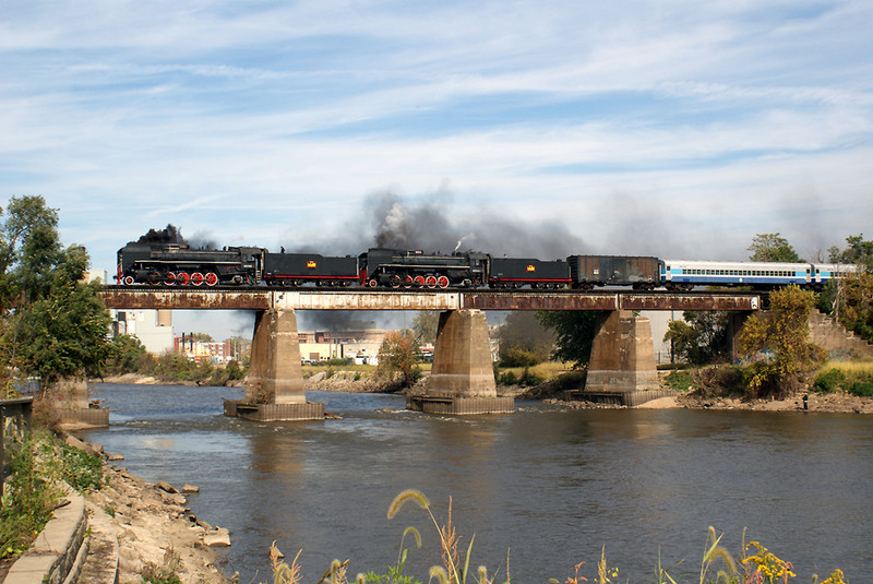 The QJ's cross the Iowa River in Iowa City on the return trip to Newton.