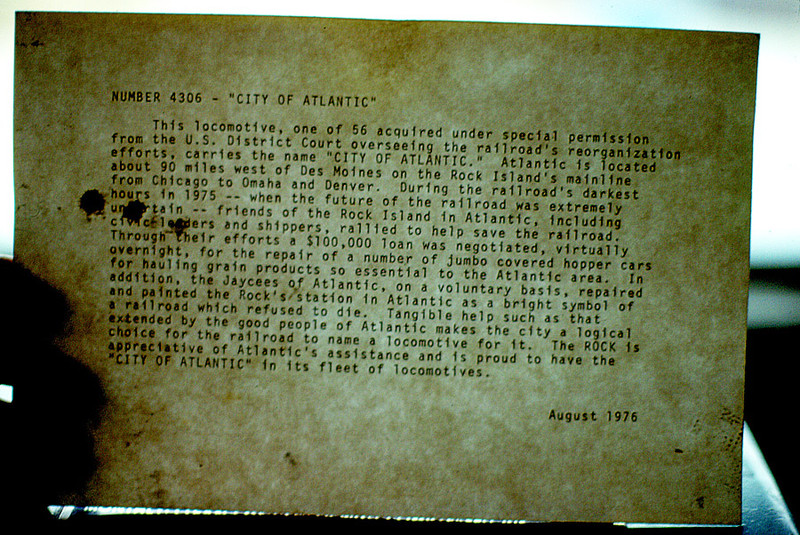 RI GP38-2 4306 "City of Atlantic" information sheet from cab, Sept. 10, 1977, Zeandale KS.  Lance Garrels photo.
