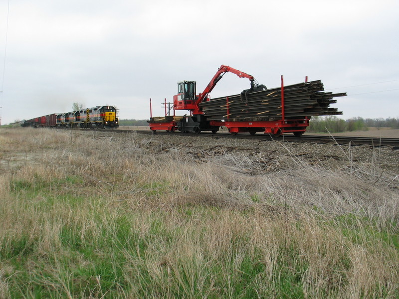 West train approaches the rail crane at Twin States siding, April 23, 2007.