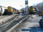 Looking east at the enginehouse.  The 700s are on 2 track, 9917 is on 4 track, and 603 is hooked up to the load test box.  Jan. 26, 2006.