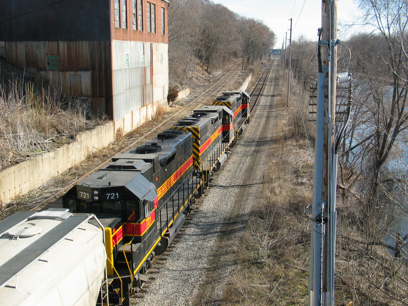 Looking east from Lasalle, towards Lone Star's Ill. River bridge.  On the left is the connection track.  Feb. 14, 2006.