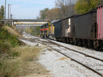 Looking north at the Santa Fe overpass, Chillicothe.  Also visible is the siding extension at Galena Sand and Gravel, and the bottom end of the old connection track.  Nov. 3, 2005.