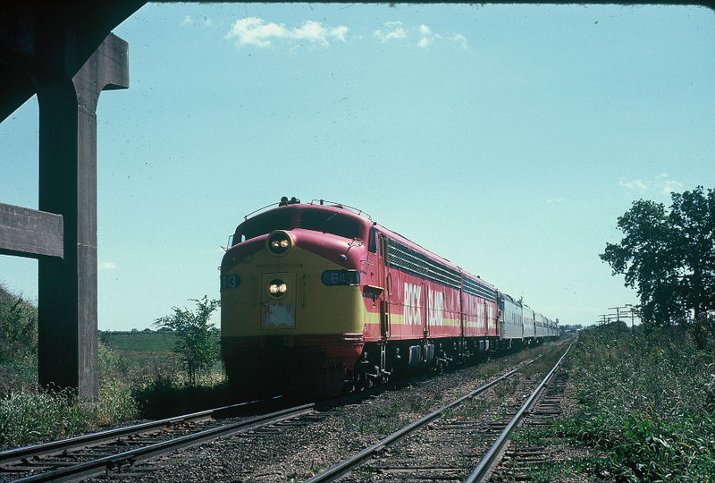 Football special coming under the old Highway 6 overpass west of West Liberty, Sept. 21, 1973.