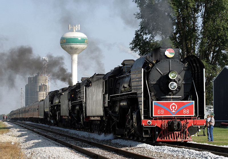 The westbound excursion pulls into Atkinson, IL for a station stop.