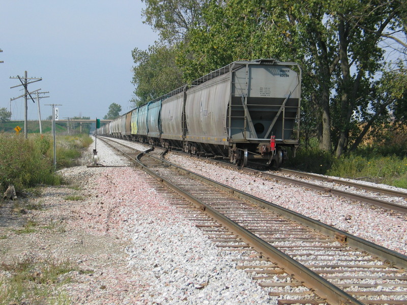 Feed empties as far as the eye can see!  The conductor has lined the crossover back to normal and the train is backing into the pocket, so the engines will clear the crossing circuit down by 210.