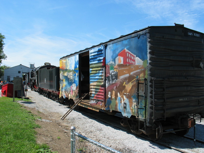 Mural boxcar and steam engines in Iowa City, Aug. 16, 2006.