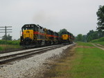 East train meets light power from the turn at N. Star, July 2006.