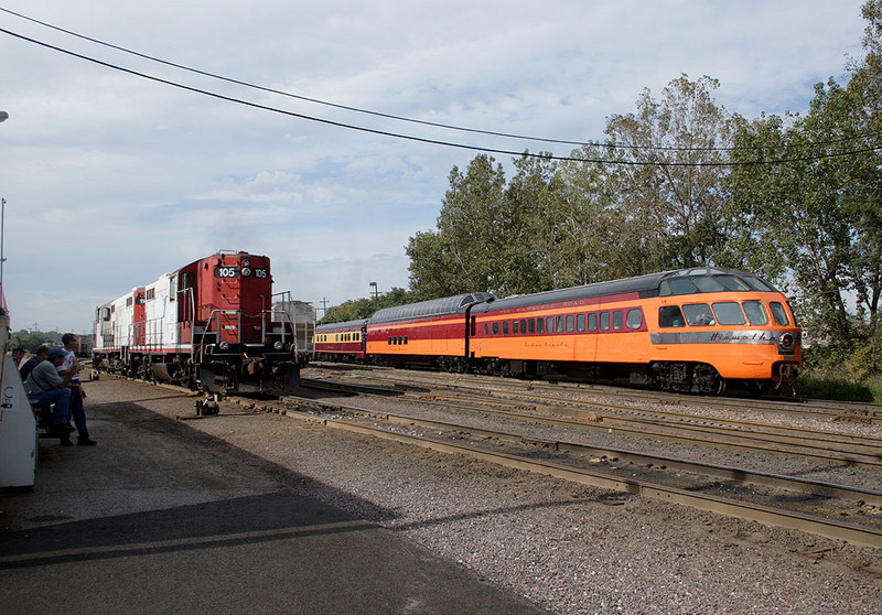 RiverWay 2006 excursion southbound while the IC&E West Davenport switcher holds.