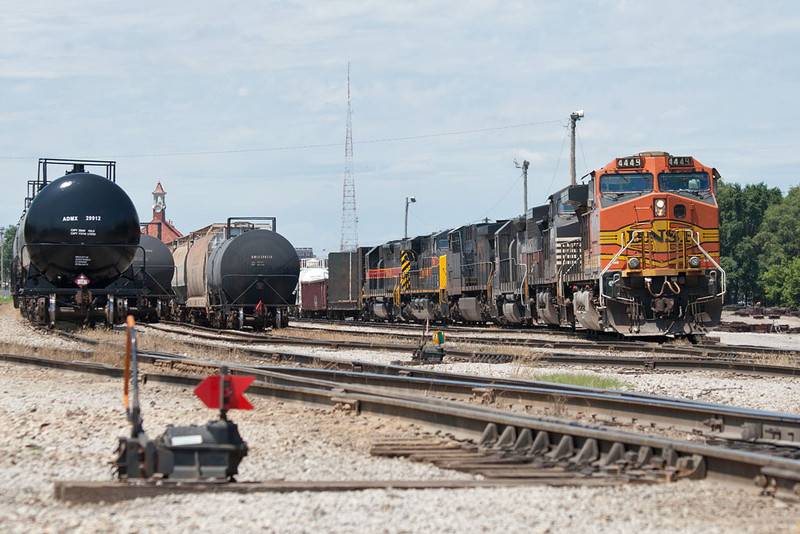 A combined detouring BNSF H-DENGAL1-08 and IAIS CBBI-11 arrives in Rock Island, IL.