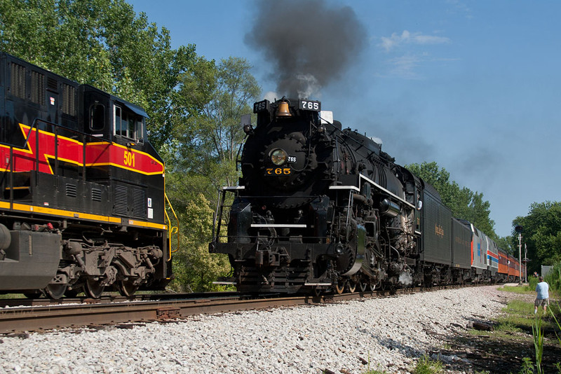 NKP 765 West meets IAIS 501 East at Carbon Cliff, IL.