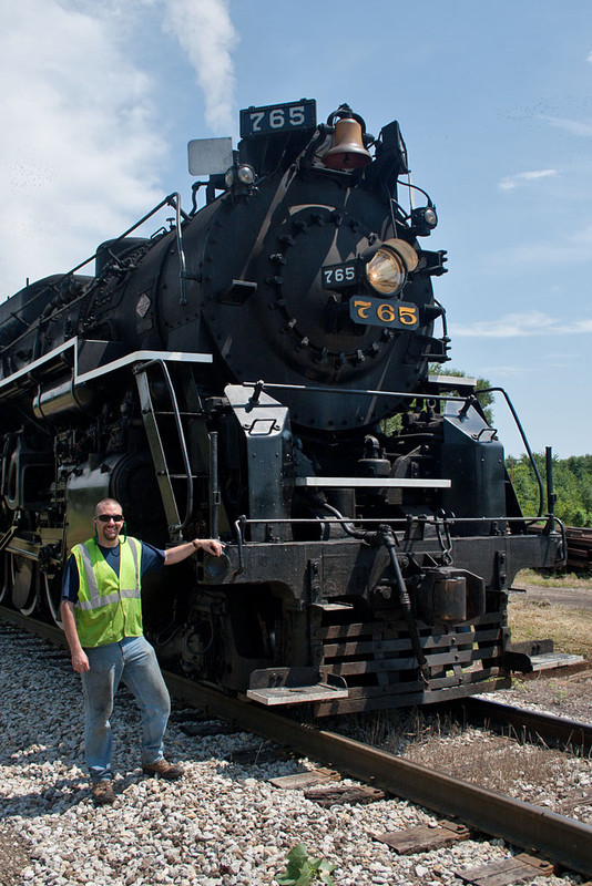Engineer/pilot Keith Weaver poses with NKP 765 at Bureau, IL.