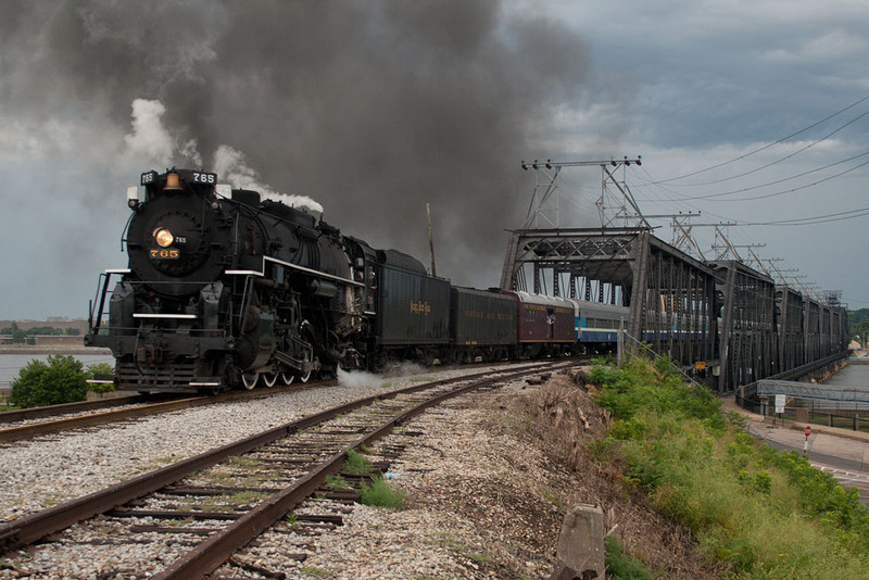 NKP 765 brings the 11am run to Walcott over the Government Bridge into Davenport.