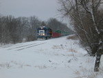 East train approaches the N. Star crossing, mp 210, Feb. 7, 2008.